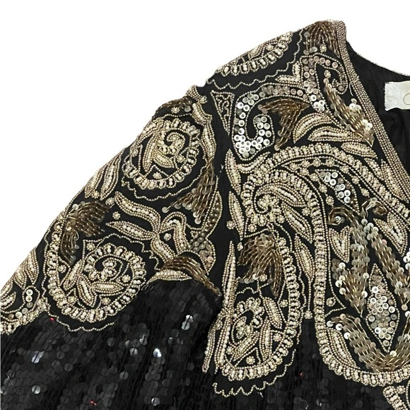 Cache vintage 100% silk black and gold long sleeve fully sequins and beaded gown - Picture 7 of 16
